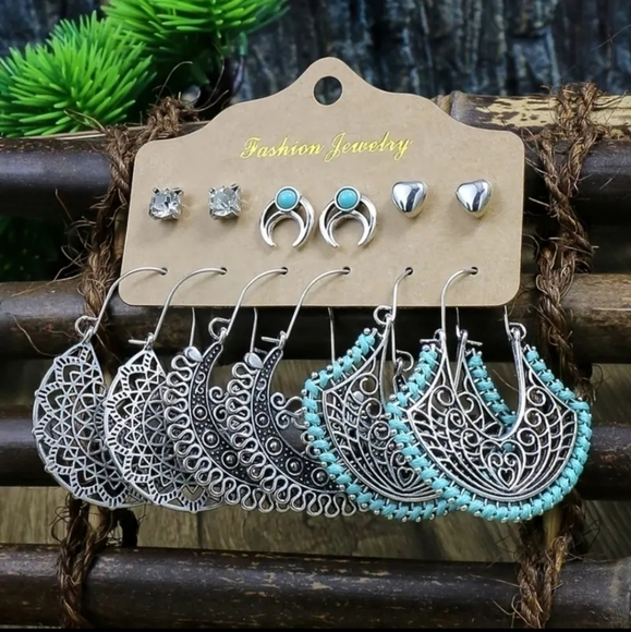 NWT Geometric Turquoise Earrings Set 6 Pairs of Retro Style Women's Earr… - Picture 1 of 3